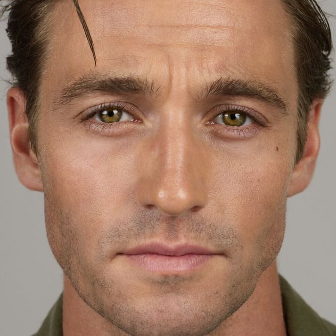 AI model headshot — olive overshirt